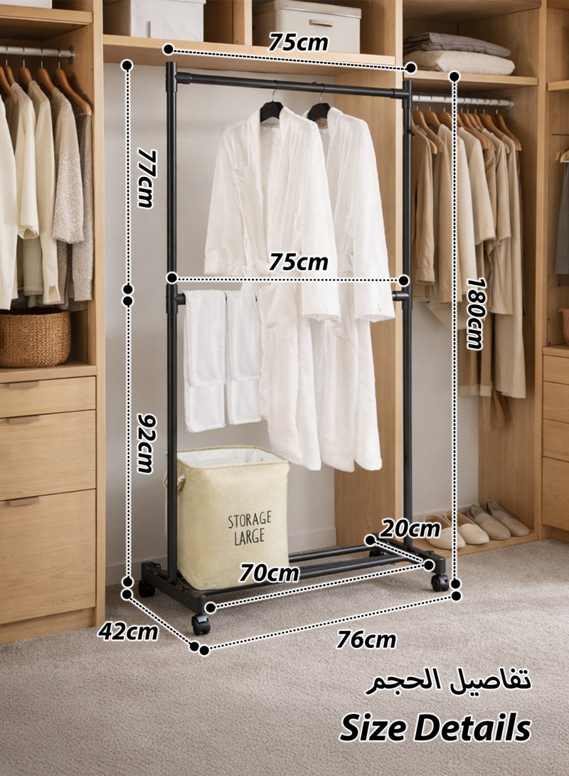 توشيونيكس رف ملابس مزدوج القضبان، قابل للتحويل إلى رف تجفيف ملابس مزدوج الطبقات، منظم ملابس، خزانة مفتوحة مع قضبان تعليق من طبقتين ورف تخزين سفلي، أنابيب فولاذية متينة 22 مم، سعة تحميل كبيرة تصل إلى 40 كجم، يتميز بقضيبين أفقيين لتعليق الملابس، مناسب لغرفة الغسيل، الشرفة، ملاءات غرفة النوم، الألحفة، البطانيات، المعاطف، التنانير، القمصان، القبعات، حامل سترات، 76 × 42 × 180 سم - Image 2